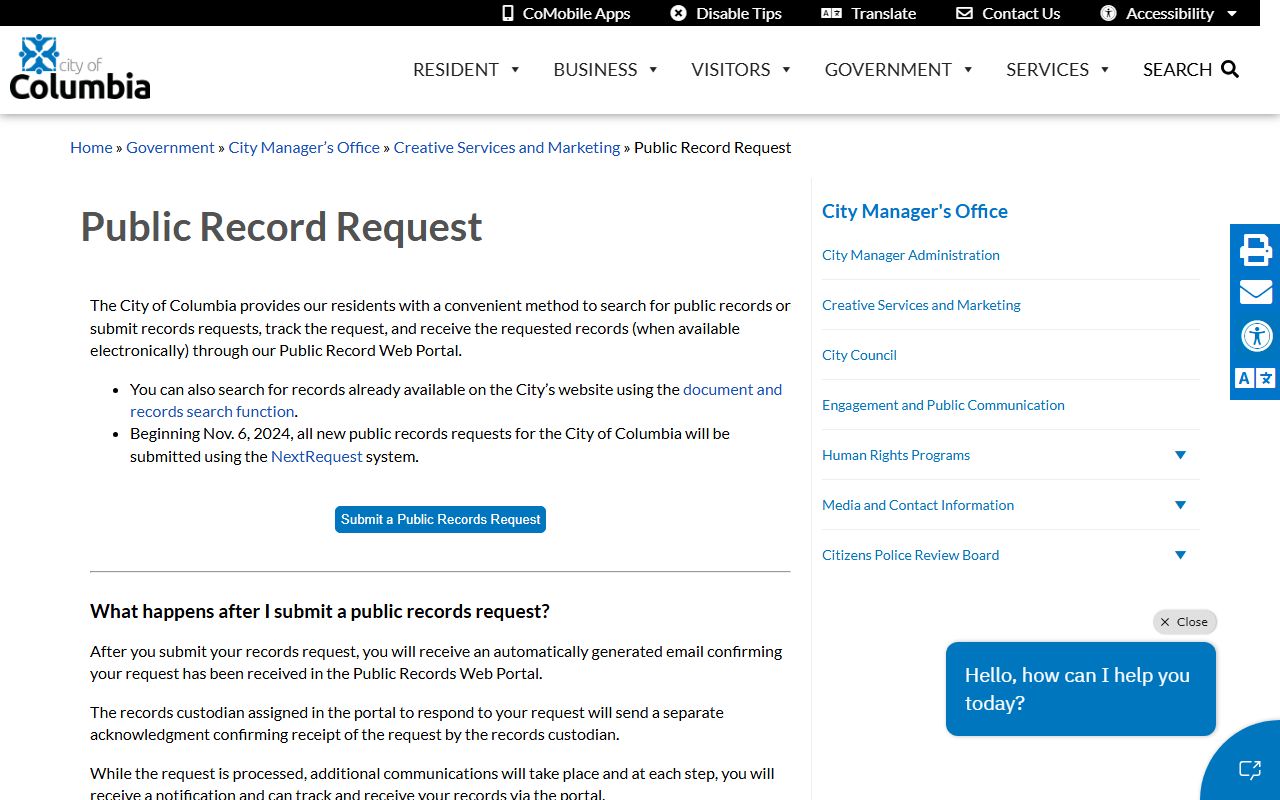 Columbia Missouri public record request portal for background check records