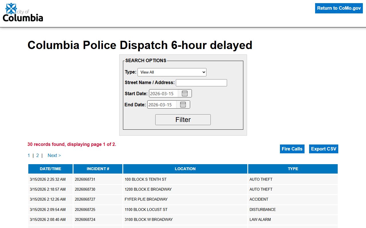 Columbia Police dispatch log for recent incident records