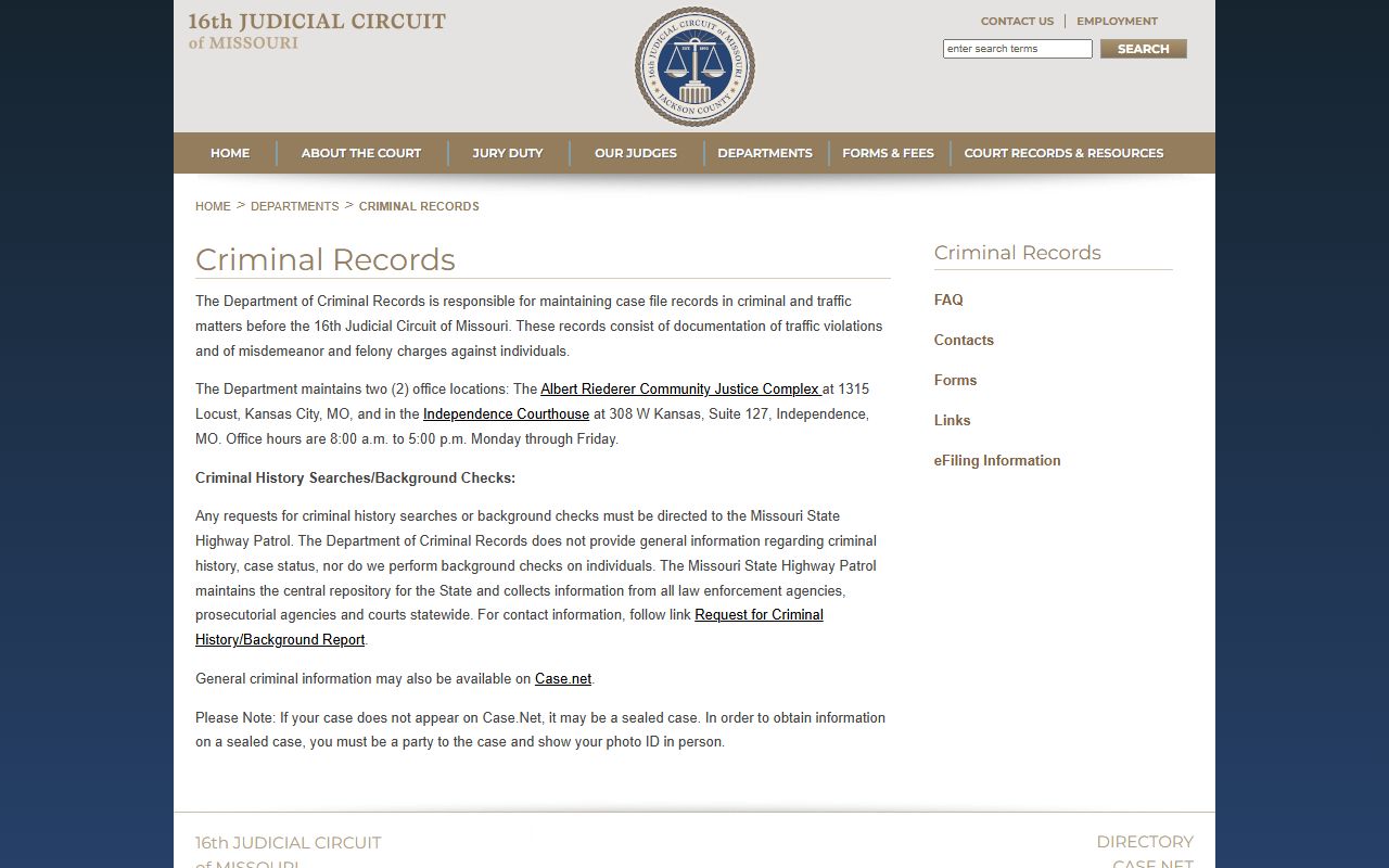 Independence 16th Circuit Court criminal records for background check searches