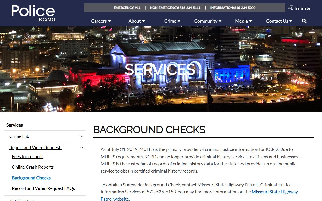 Kansas City KCPD background check information page
