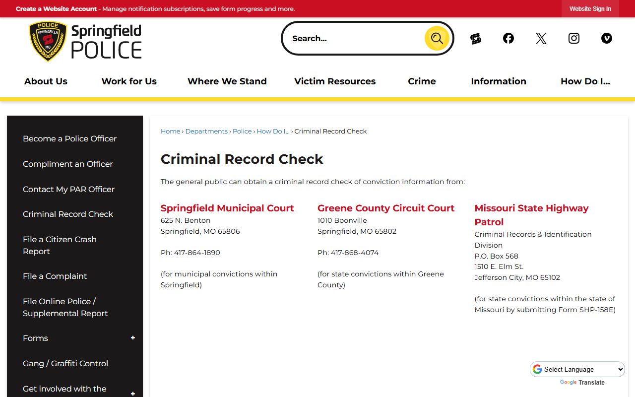 Springfield Police Department criminal record check page for background checks