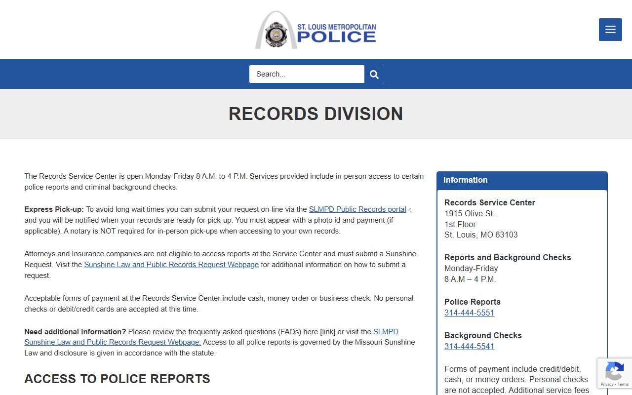 St. Louis SLMPD Records Service Center for background check requests