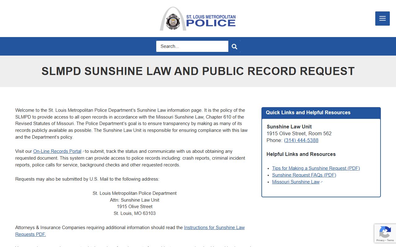 St. Louis SLMPD Sunshine Law request page for background check records