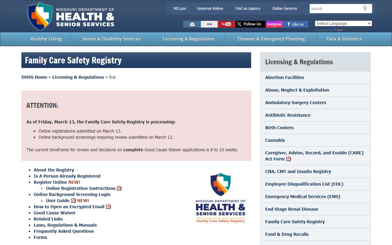 Missouri Family Care Safety Registry for background check screening