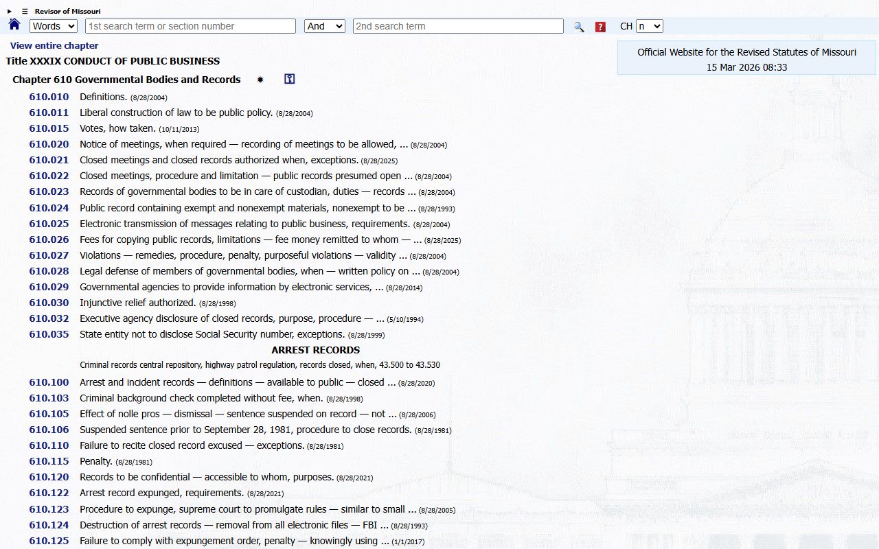 Missouri Sunshine Law Chapter 610 governing background check and public records access